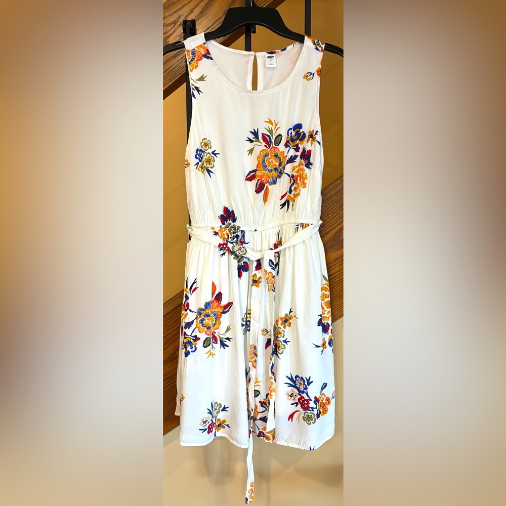 Old Navy Dress Sleeveless Elastic Tie Waist Ivory Floral SZ. Med